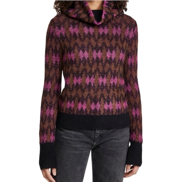 Veronica Beard Cowl Neck Pink Black Brown Argyle Sweater M Alpaca